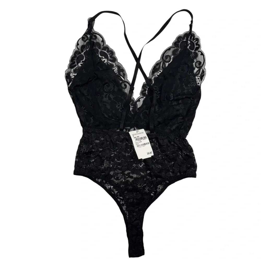 Wishlist Lace Bodysuit Halter Size S Black One Piece Thongs - Picture 4 of 9